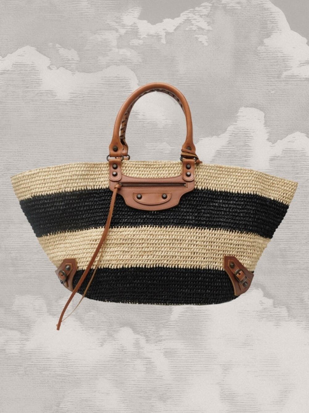 BALENCIAGA Panier Raffia Bag Striped City Large Black Cognac Market Tote Brown